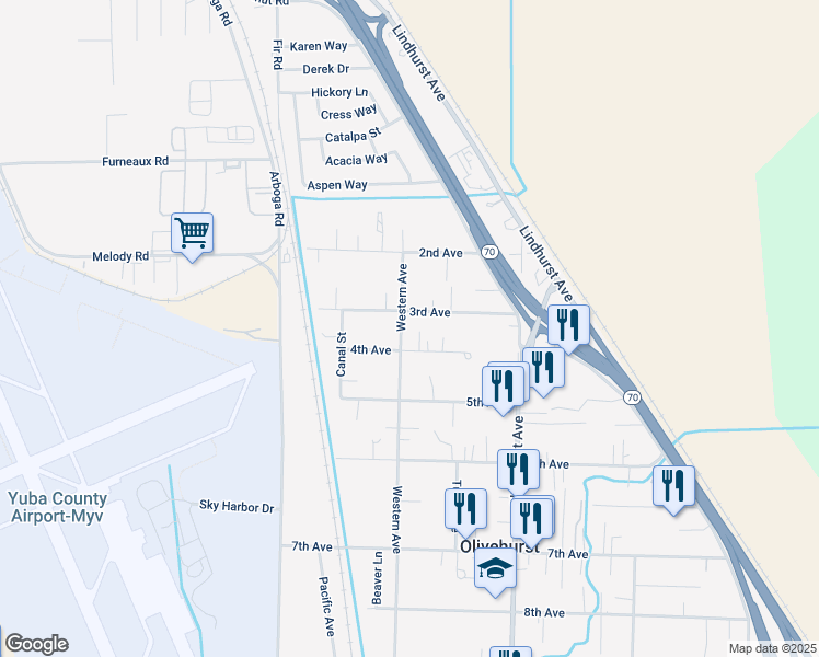 map of restaurants, bars, coffee shops, grocery stores, and more near 5109 Western Avenue in Olivehurst