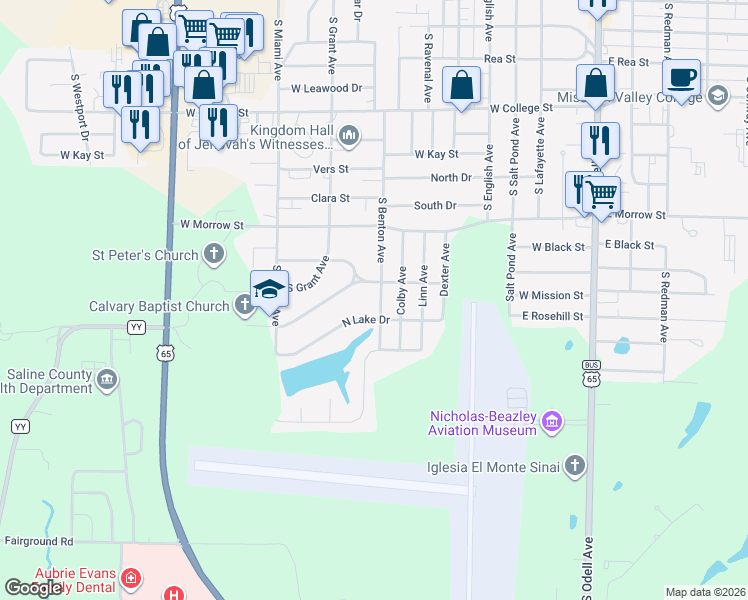 map of restaurants, bars, coffee shops, grocery stores, and more near 1715 South Benton Avenue in Marshall