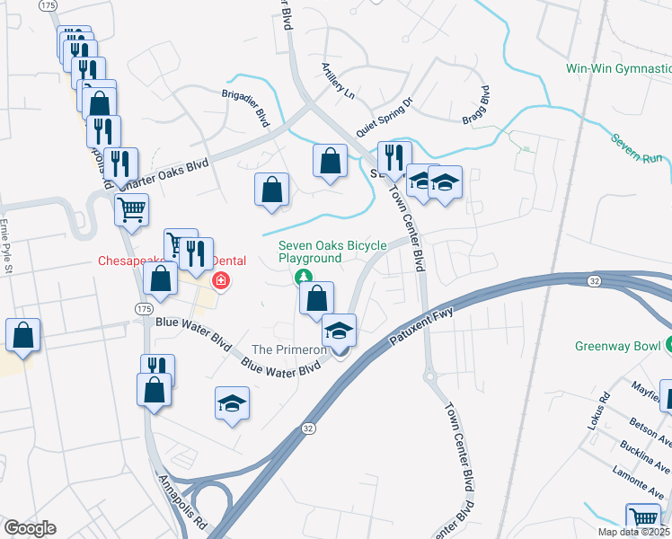 map of restaurants, bars, coffee shops, grocery stores, and more near 214 Kirbys Landing Court in Odenton