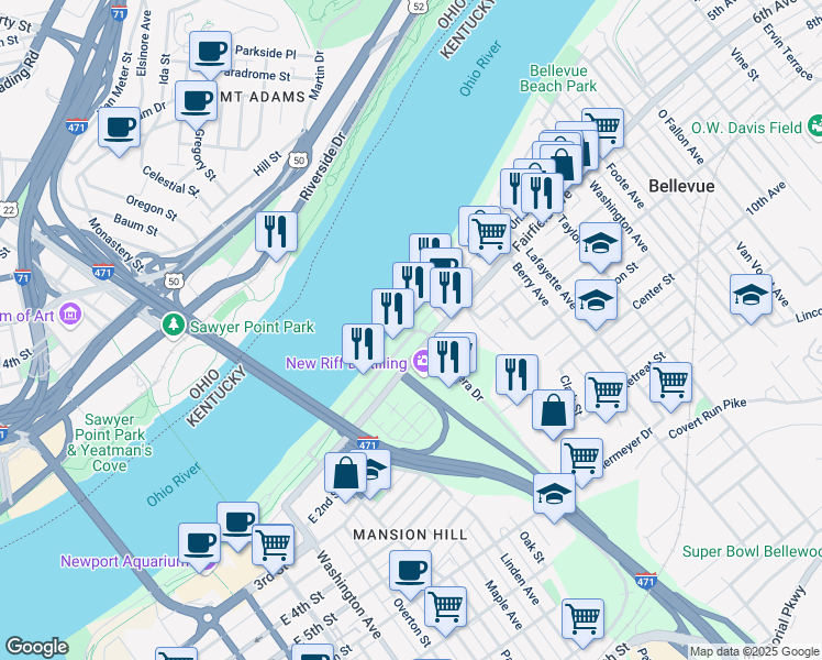 map of restaurants, bars, coffee shops, grocery stores, and more near 400 Riverboat Row in Newport