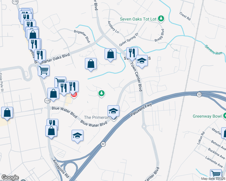 map of restaurants, bars, coffee shops, grocery stores, and more near 214 Kirbys Landing Court in Odenton
