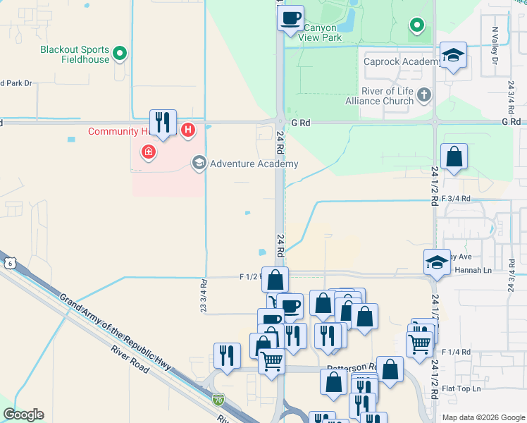 map of restaurants, bars, coffee shops, grocery stores, and more near 665 24 Rd in Grand Junction