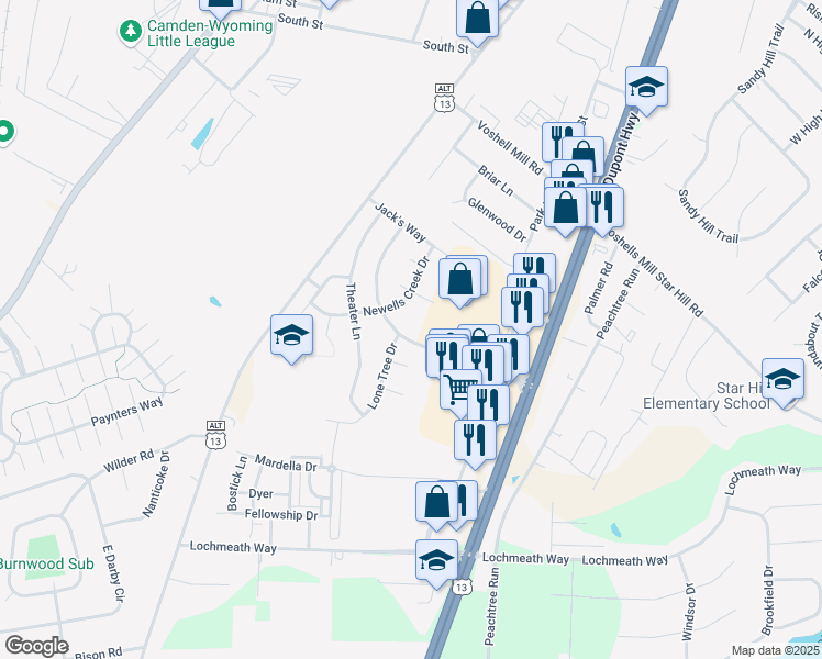 map of restaurants, bars, coffee shops, grocery stores, and more near 313 Thomas Harmon Drive in Camden