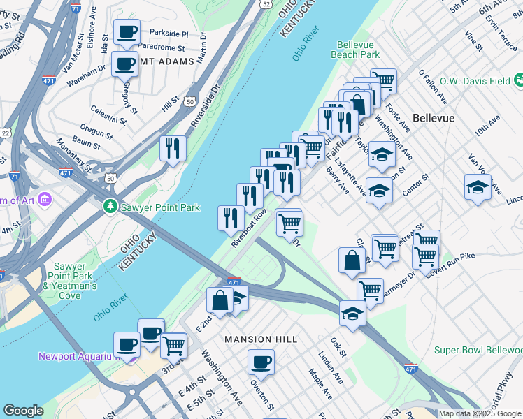 map of restaurants, bars, coffee shops, grocery stores, and more near 401 Riverboat Row in Newport