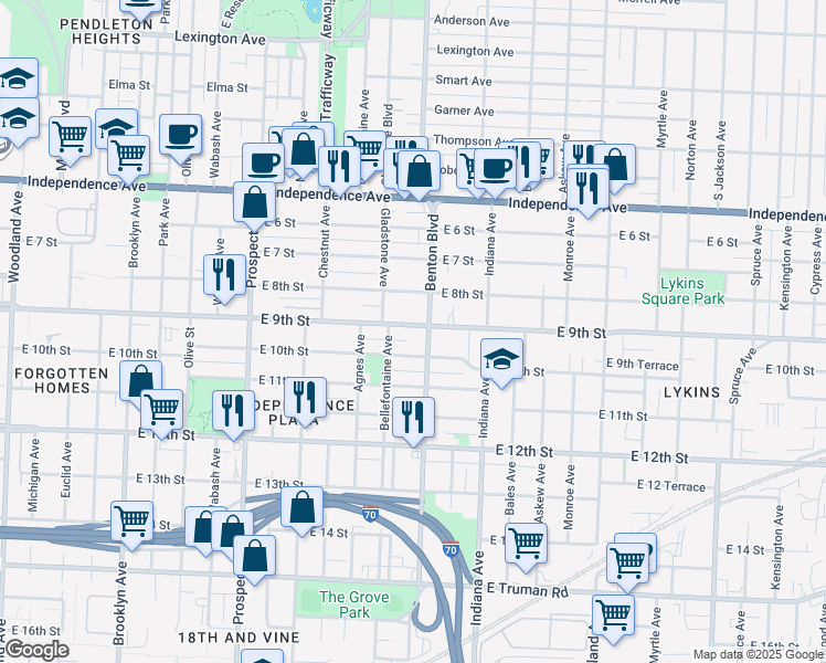 map of restaurants, bars, coffee shops, grocery stores, and more near in Kansas City