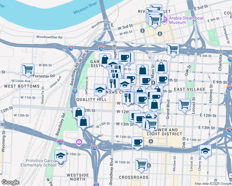 map of restaurants, bars, coffee shops, grocery stores, and more near 1010 Broadway Boulevard in Kansas City
