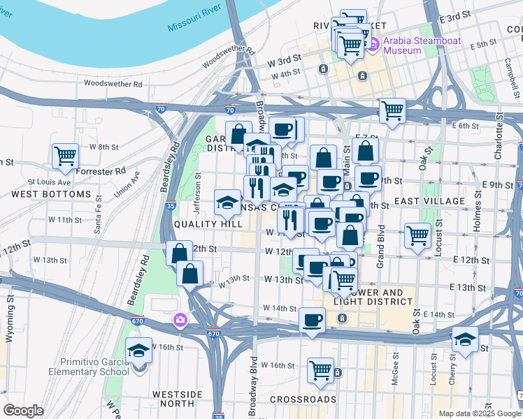 map of restaurants, bars, coffee shops, grocery stores, and more near 1010 Broadway Boulevard in Kansas City