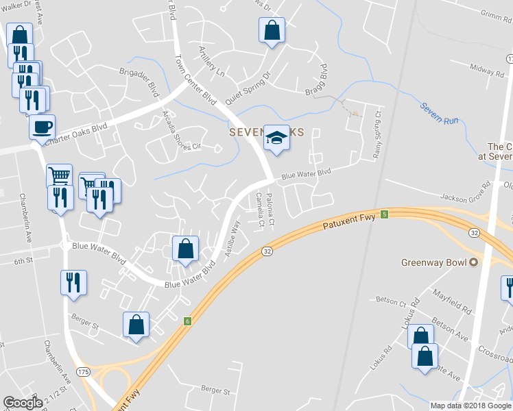 map of restaurants, bars, coffee shops, grocery stores, and more near 1984 Camelia Court in Odenton