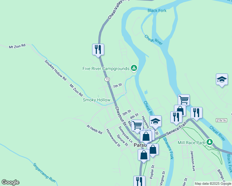 map of restaurants, bars, coffee shops, grocery stores, and more near 103 6th Street in Parsons