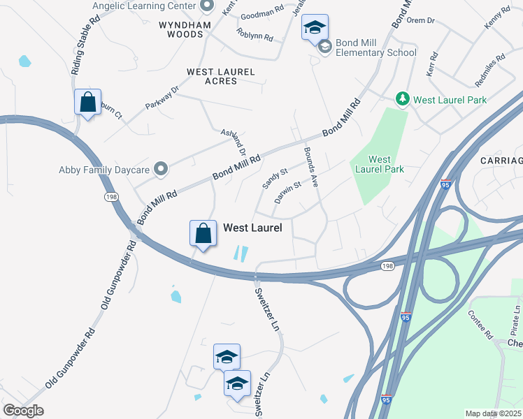 map of restaurants, bars, coffee shops, grocery stores, and more near 6309 Sandy Street in Laurel