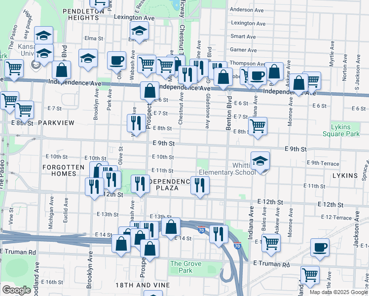 map of restaurants, bars, coffee shops, grocery stores, and more near 2823 East 9th Street in Kansas City