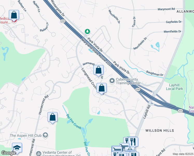 map of restaurants, bars, coffee shops, grocery stores, and more near 2405 Normandy Square Place in Silver Spring