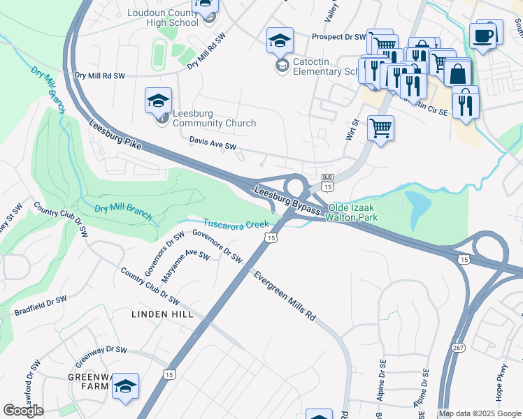 map of restaurants, bars, coffee shops, grocery stores, and more near 125B Clubhouse Drive Southwest in Leesburg
