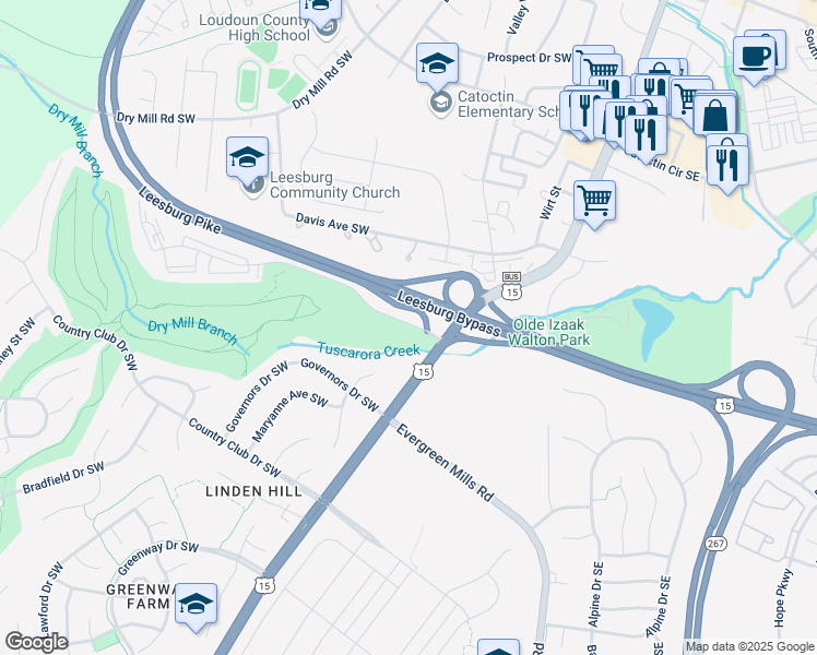 map of restaurants, bars, coffee shops, grocery stores, and more near 125F Clubhouse Drive Southwest in Leesburg