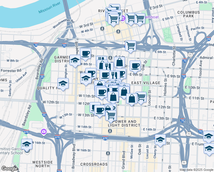 map of restaurants, bars, coffee shops, grocery stores, and more near 15 West 10th Street in Kansas City