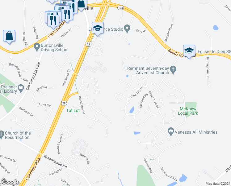 map of restaurants, bars, coffee shops, grocery stores, and more near 14724 McKnew Road in Burtonsville