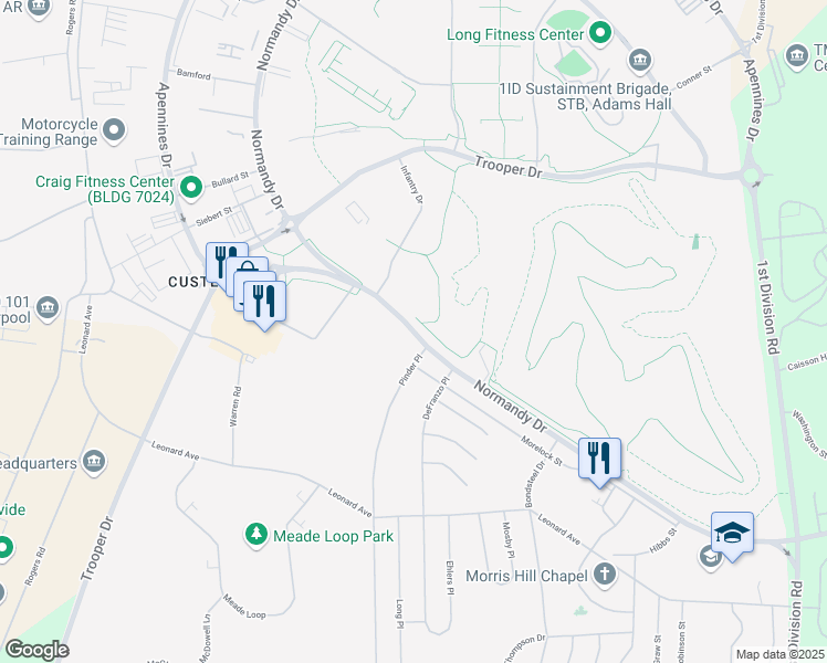 map of restaurants, bars, coffee shops, grocery stores, and more near Normandy Drive in Fort Riley