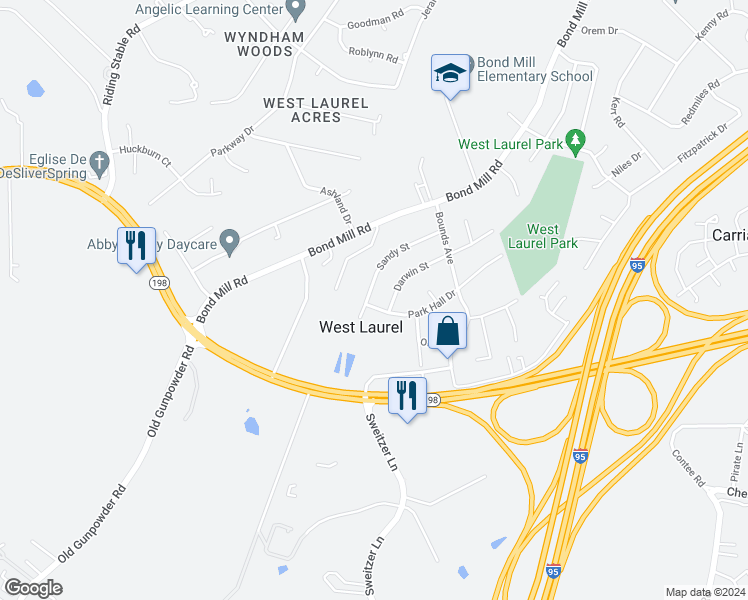 map of restaurants, bars, coffee shops, grocery stores, and more near 6309 Sandy Street in Laurel