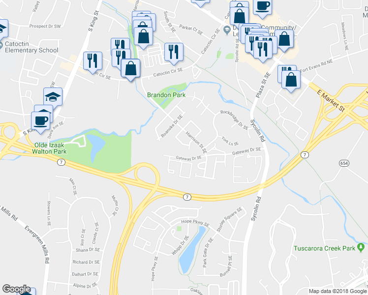 map of restaurants, bars, coffee shops, grocery stores, and more near 353 Nansemond St SE in Leesburg