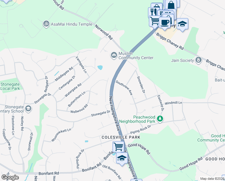 map of restaurants, bars, coffee shops, grocery stores, and more near 14905 Maryland 650 in Colesville