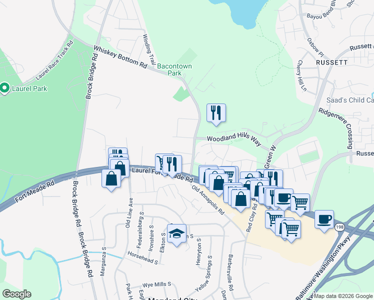 map of restaurants, bars, coffee shops, grocery stores, and more near 3344 Yellow Flower Road in Laurel