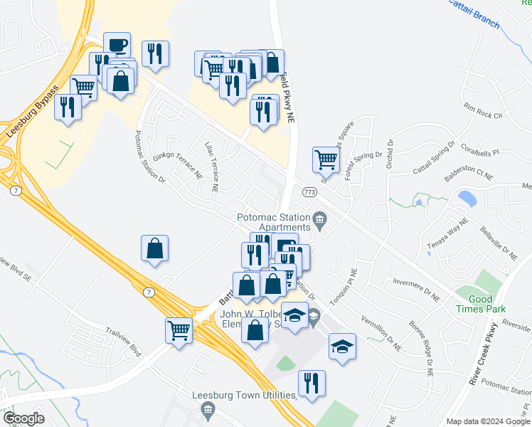 map of restaurants, bars, coffee shops, grocery stores, and more near 544 Macarthur Terrace Northeast in Leesburg