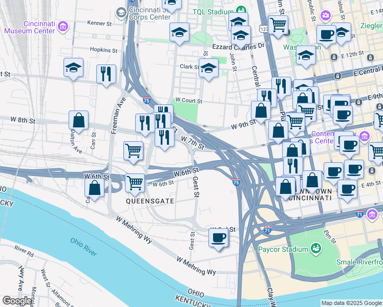 map of restaurants, bars, coffee shops, grocery stores, and more near 625 Gest Street in Cincinnati