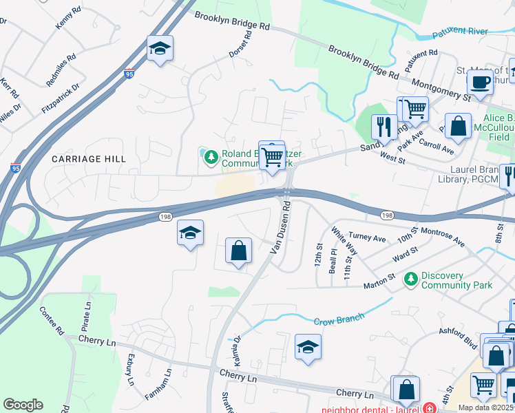 map of restaurants, bars, coffee shops, grocery stores, and more near 7642 North Arbory Way in Laurel