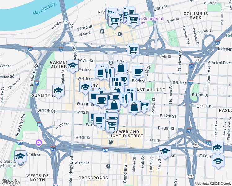 map of restaurants, bars, coffee shops, grocery stores, and more near 1000 Walnut Street in Kansas City