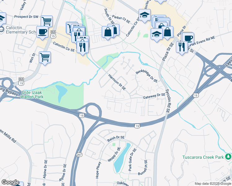 map of restaurants, bars, coffee shops, grocery stores, and more near 349 Nansemond Street Southeast in Leesburg