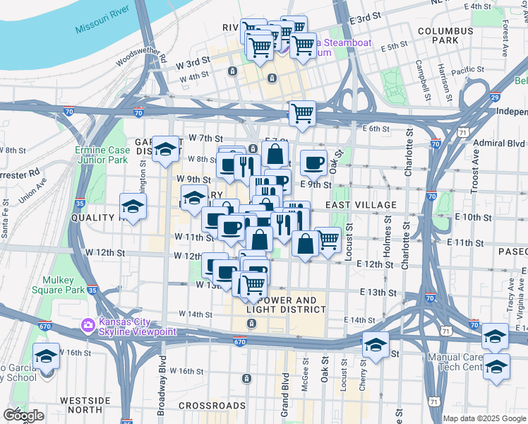 map of restaurants, bars, coffee shops, grocery stores, and more near 1000 Walnut Street in Kansas City