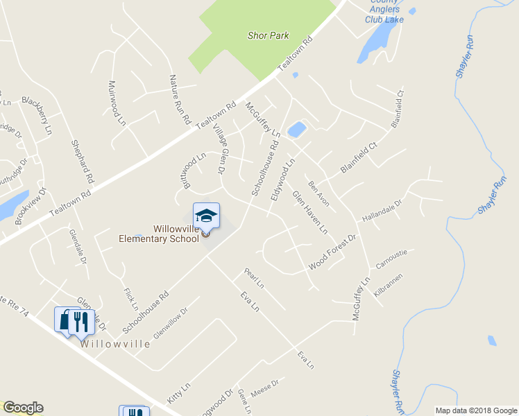 map of restaurants, bars, coffee shops, grocery stores, and more near 1219 Village Glen Drive in Batavia