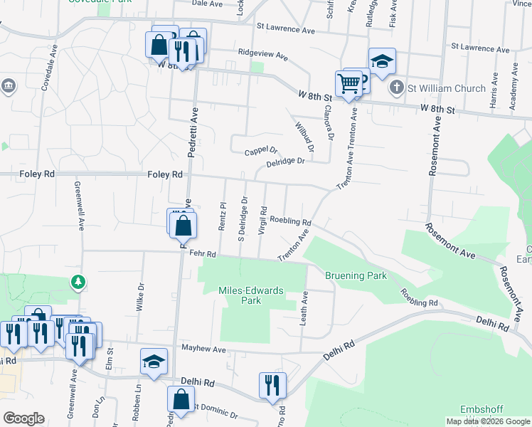 map of restaurants, bars, coffee shops, grocery stores, and more near 654 Roebling Road in Cincinnati