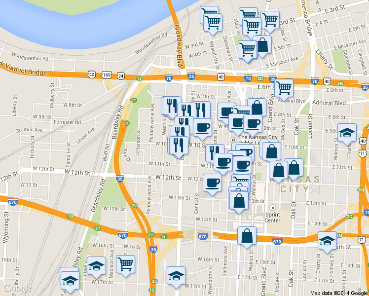 map of restaurants, bars, coffee shops, grocery stores, and more near 1005 Broadway Street in Kansas City