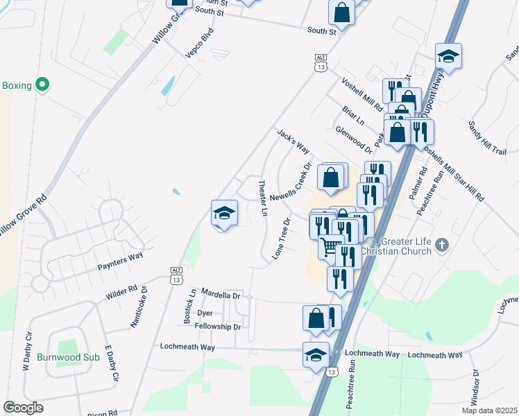 map of restaurants, bars, coffee shops, grocery stores, and more near 264 Theater Lane in Camden
