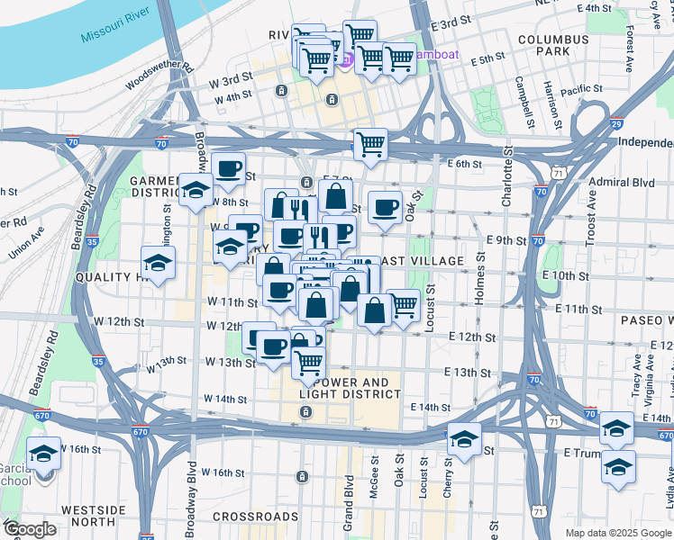 map of restaurants, bars, coffee shops, grocery stores, and more near 1000 Walnut Street in Kansas City