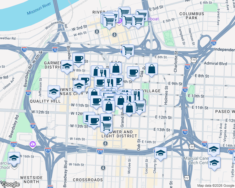 map of restaurants, bars, coffee shops, grocery stores, and more near 1006 Grand Boulevard in Kansas City