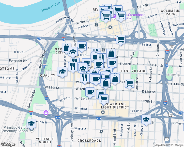 map of restaurants, bars, coffee shops, grocery stores, and more near 127 West 10th Street in Kansas City