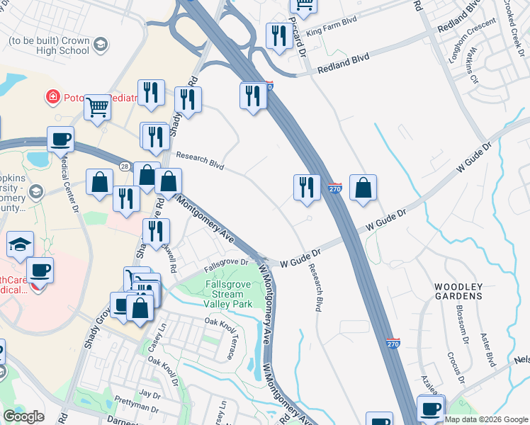map of restaurants, bars, coffee shops, grocery stores, and more near 2200 Research Boulevard in Rockville