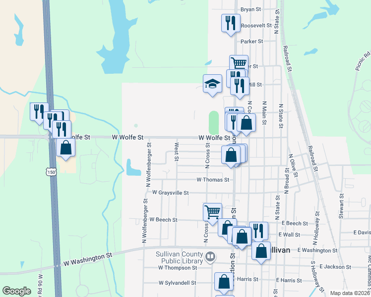 map of restaurants, bars, coffee shops, grocery stores, and more near 300-370 Indiana Avenue in Sullivan