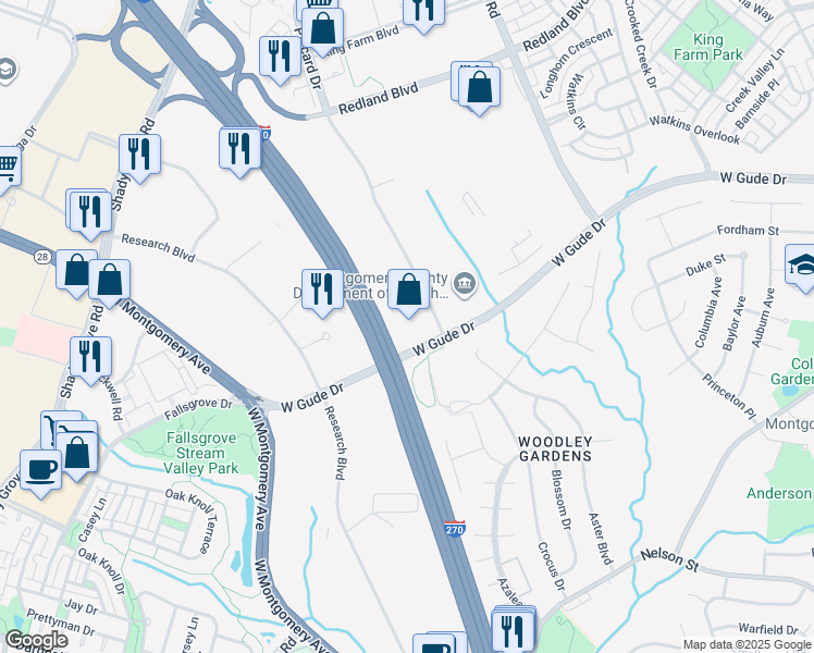 map of restaurants, bars, coffee shops, grocery stores, and more near 1300 Piccard Drive in Rockville