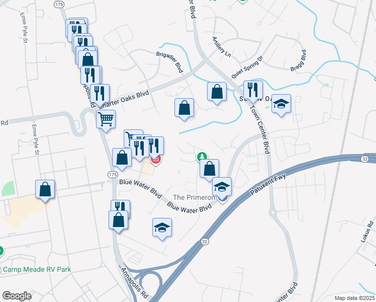 map of restaurants, bars, coffee shops, grocery stores, and more near 304 Timberbrook Court in Odenton