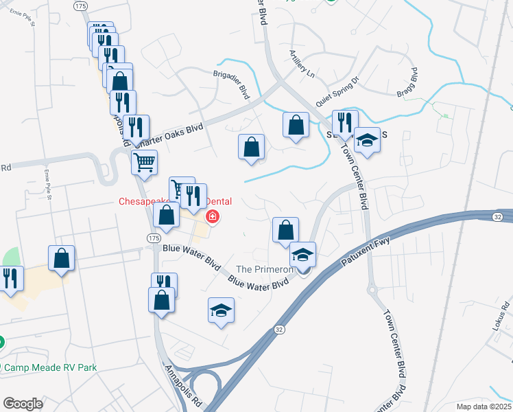 map of restaurants, bars, coffee shops, grocery stores, and more near 304 Timberbrook Court in Odenton