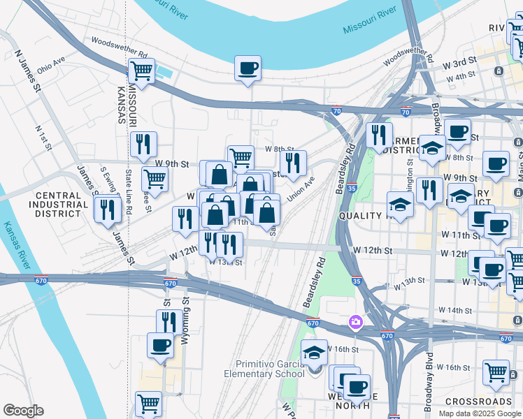 map of restaurants, bars, coffee shops, grocery stores, and more near 1215 Union Avenue in Kansas City