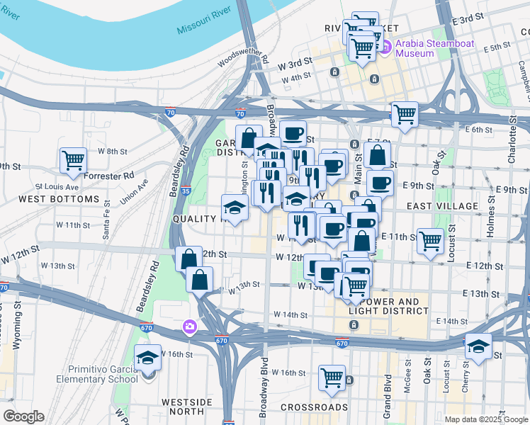 map of restaurants, bars, coffee shops, grocery stores, and more near 1010 Broadway Boulevard in Kansas City