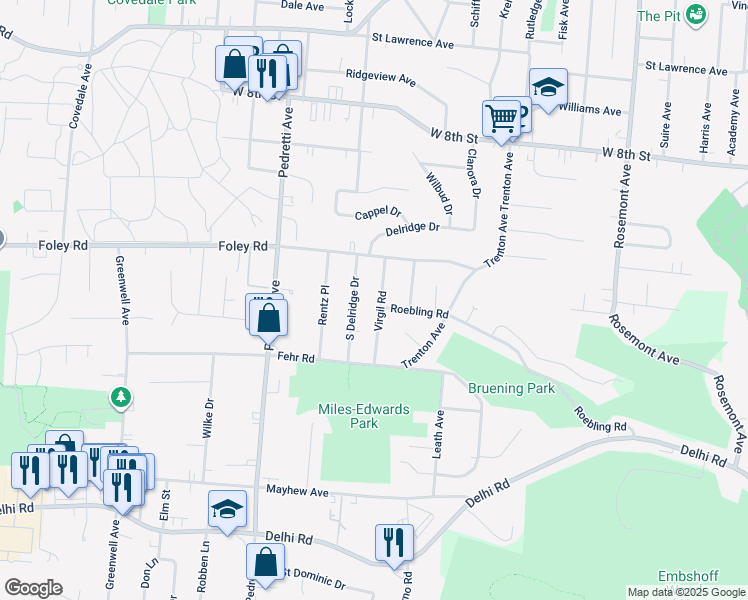 map of restaurants, bars, coffee shops, grocery stores, and more near 654 Roebling Road in Cincinnati