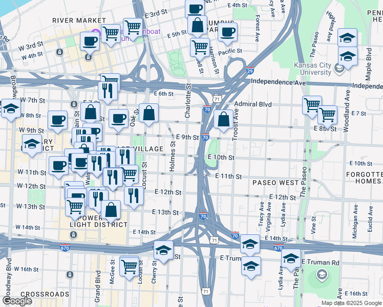 map of restaurants, bars, coffee shops, grocery stores, and more near 806 East 10th Street in Kansas City