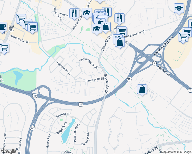 map of restaurants, bars, coffee shops, grocery stores, and more near 636 York Lane Southeast in Leesburg
