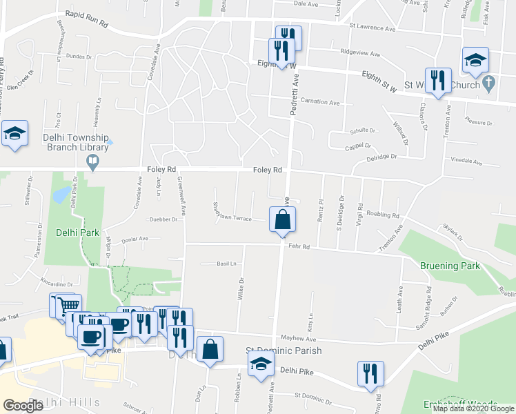 map of restaurants, bars, coffee shops, grocery stores, and more near 522 Claymore Terrace in Cincinnati