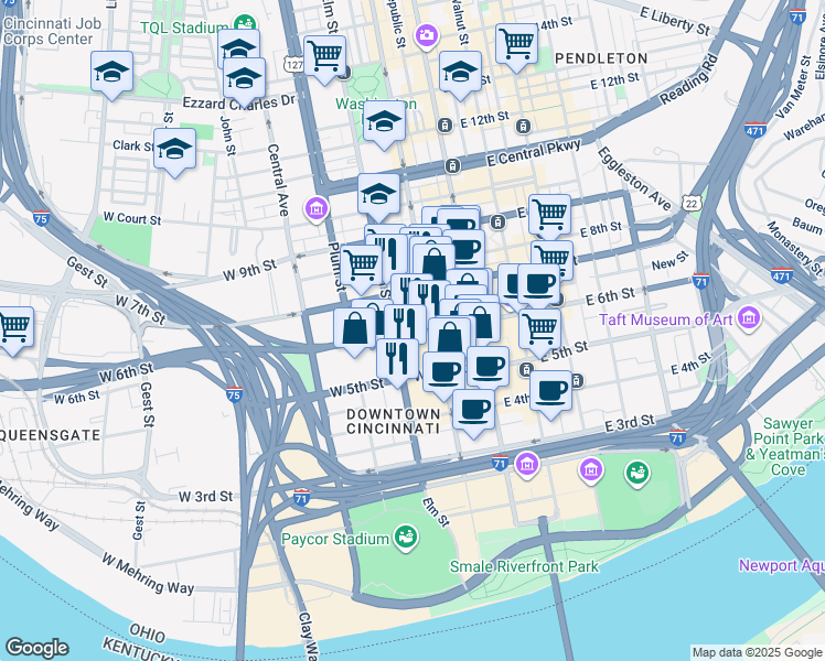 map of restaurants, bars, coffee shops, grocery stores, and more near in Cincinnati